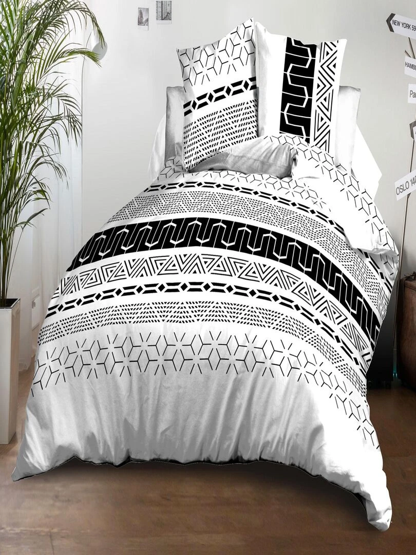 Parure Drap plat + drap housse 140x190 + 2 Taies Microfibre Entretien Facile Graphic Noir Blanc