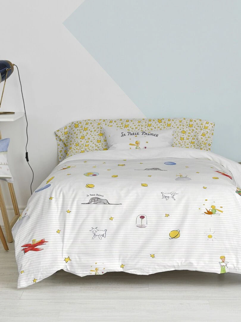 Parure housse de couette 2 pièces Son monde "Happyfriday" Bleu Jaune Blanc