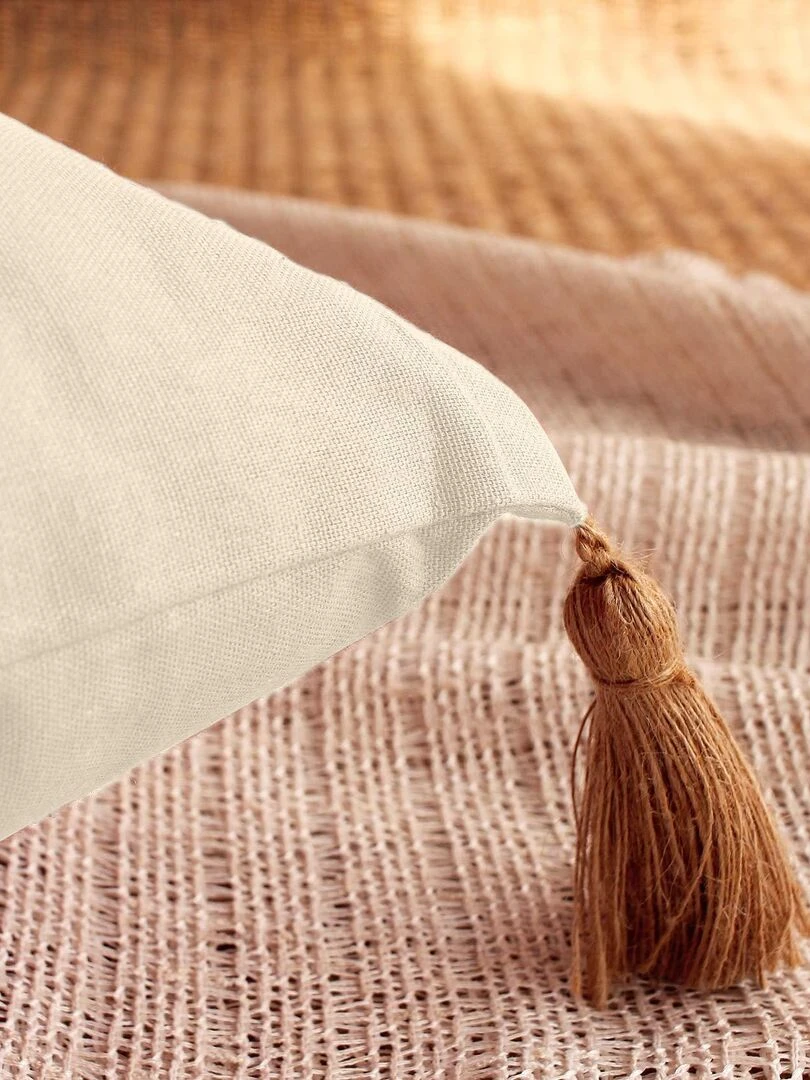Coussin avec pompons en jute   Ecru