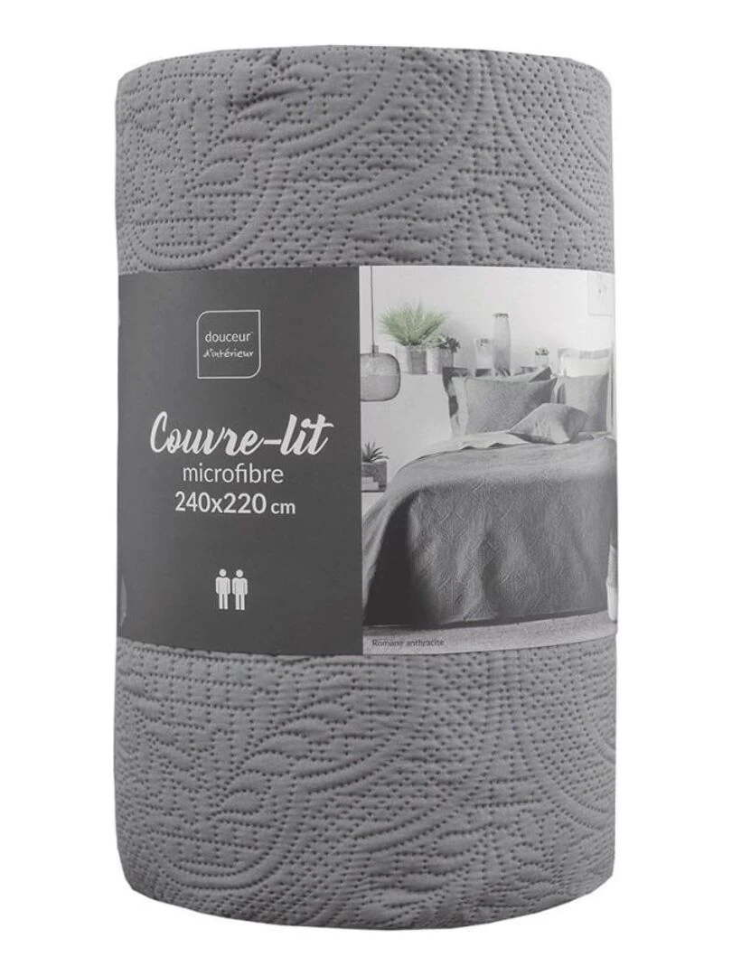 Couvre lit 2 personnes matelassé  microfibre unie Romane anthracite   Gris foncé