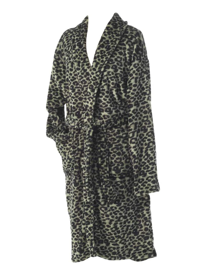 Peignoir Col Chale Collection Leopard Kaki