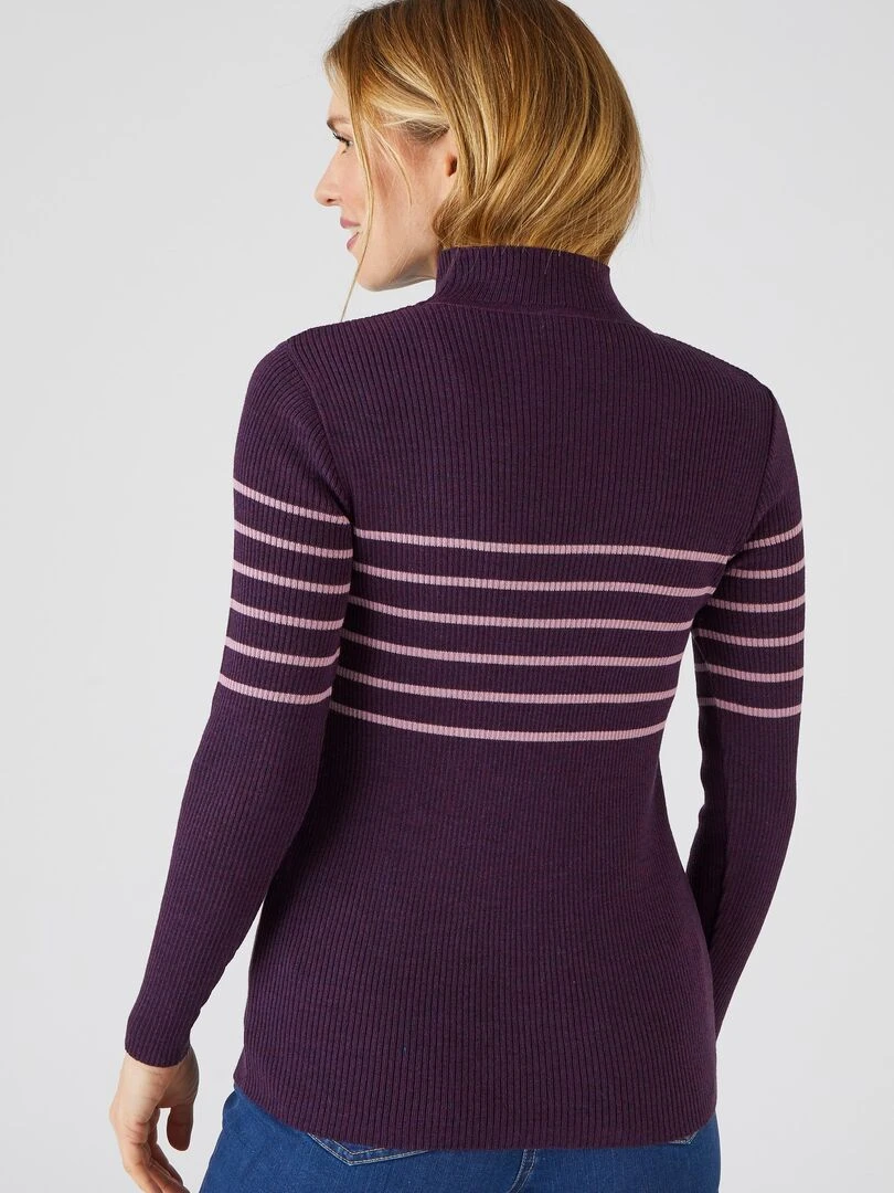 Pull col montant  50% laine mérinos  uni et rayé   Damart   Violet