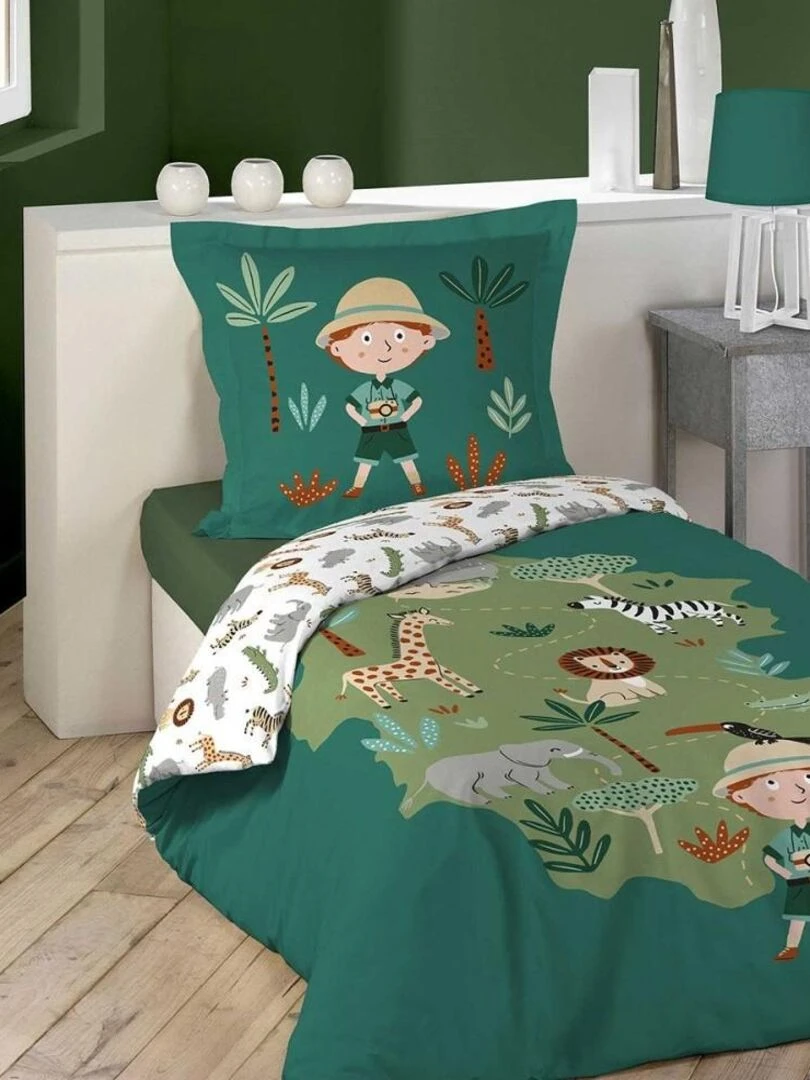 Housse de couette 140x200 + taie Léo l'explorateur coton Vert