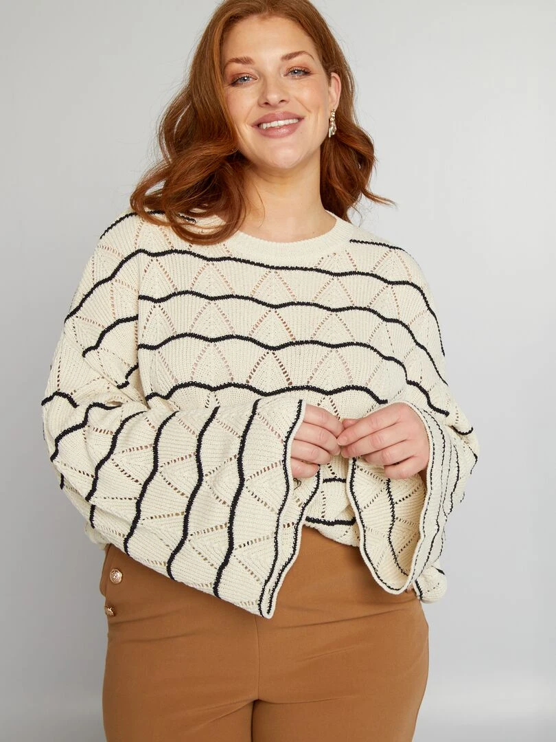 Pull ajouré à col rond Beige/bleu marine