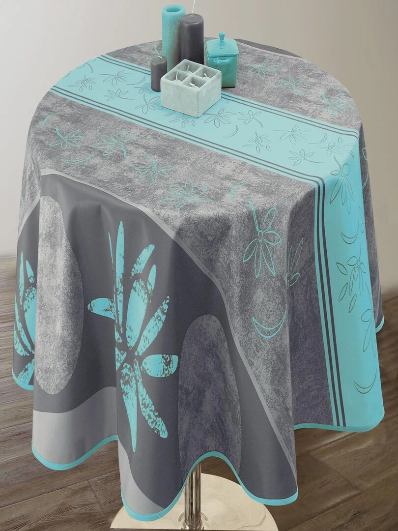 Nappe Anti taches Lotus Turquoise   Ronde 160 cm   Gris Bleu