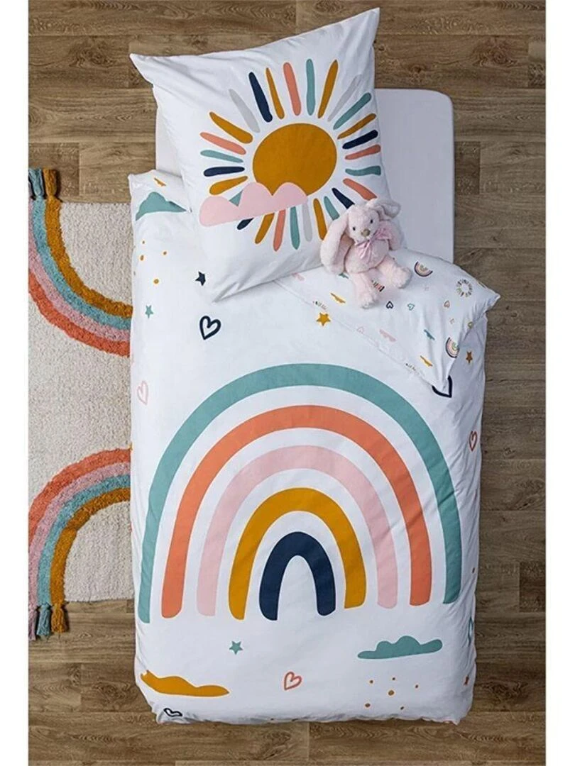 Housse de couette enfant 140x200 Arc en ciel + taie coton Blanc