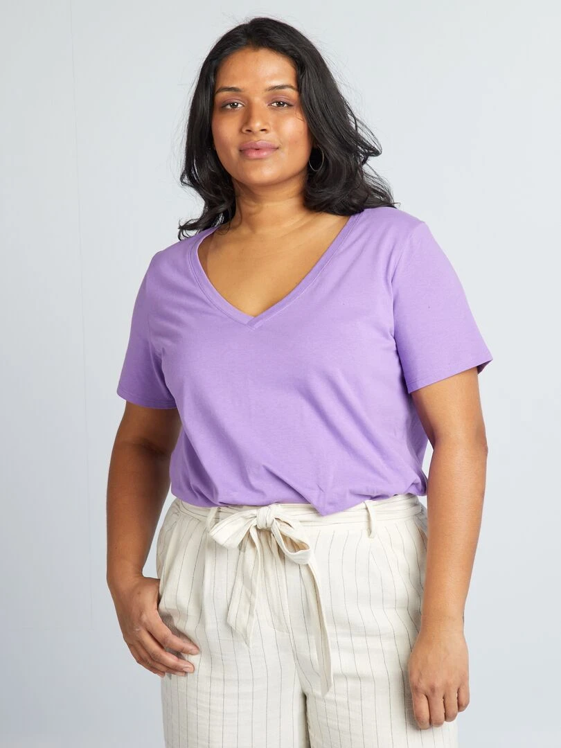 T shirt en jersey à col V Violet