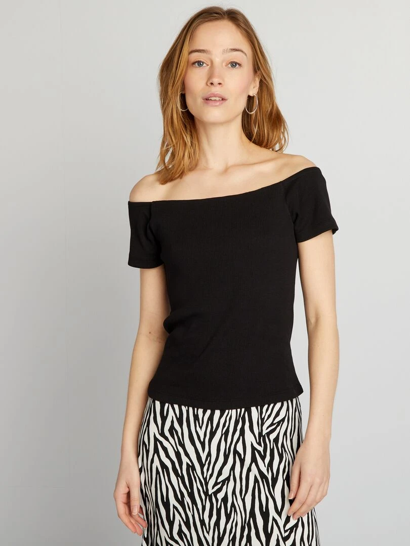 T shirt bardot en maille cotelée   noir