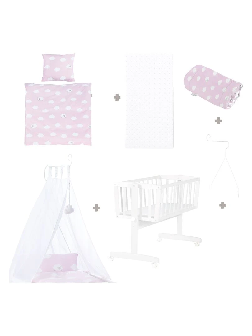 ROBA Berceau Petit Nuage Rose  40x90 cm + Équipement Complet   Bois Laqué Blanc   Blanc