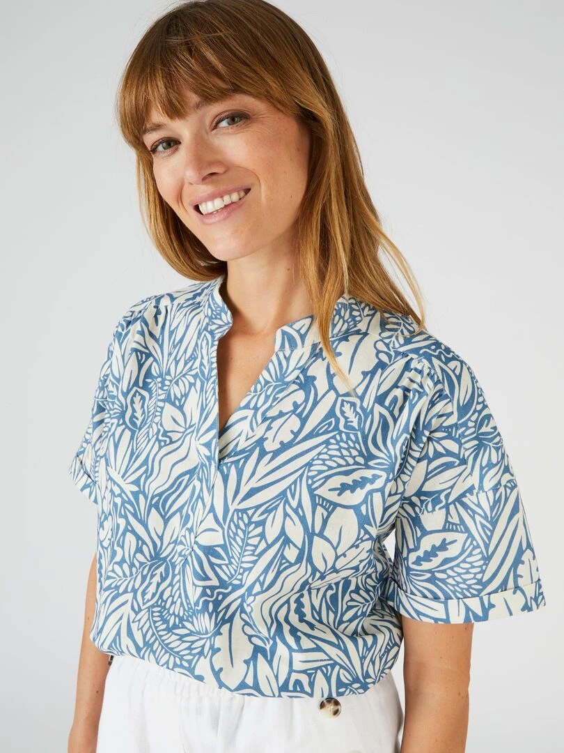 Blouse mélange lin feuillage Damart Bleu