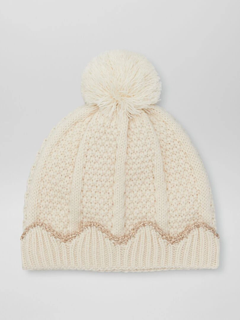 Bonnet avec pompon et fil brillant beige