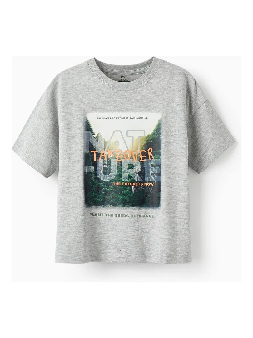 T Shirt en coton pour garçon 'Nature Takeover' manches courtes Gris clair