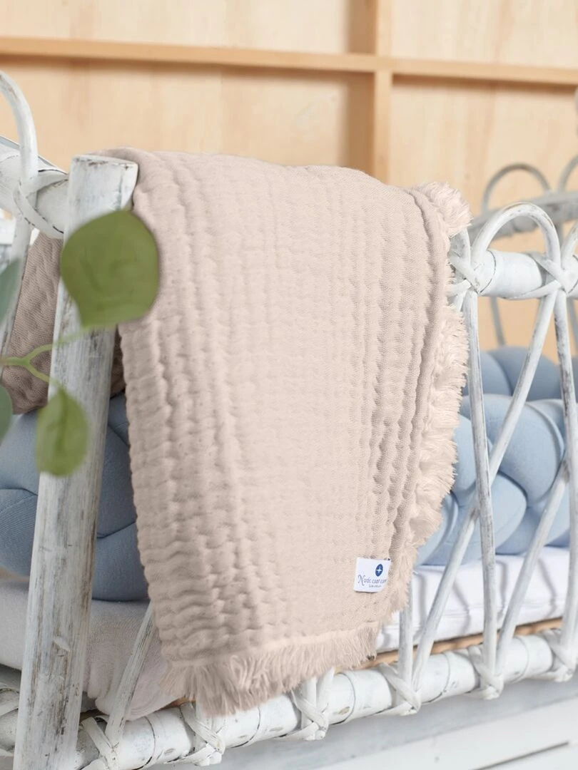 Couverture mousseline avec franges bebe respirante 4en1   Beige