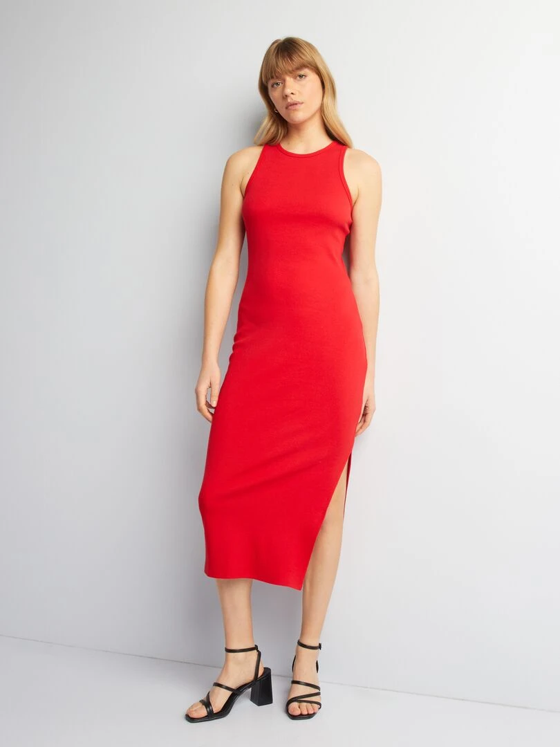 Robe longue en maille côtelée rouge