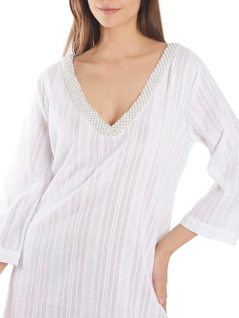 Caftan de plage perles manches trois quarts   Blanc