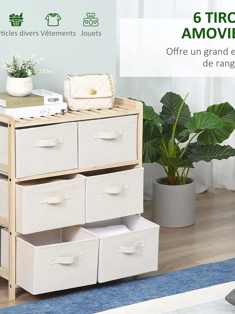 Commode 6 tiroirs tissu polyester beige bois sapin   Beige