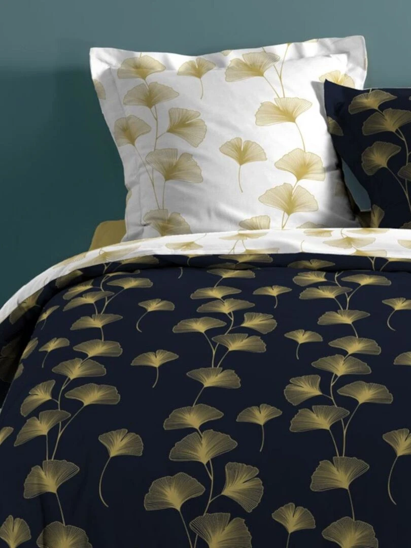 Housse de couette réversible 220x240 Bloomy Marine/Or + 2 taies 100% coton 57 fils Bleu