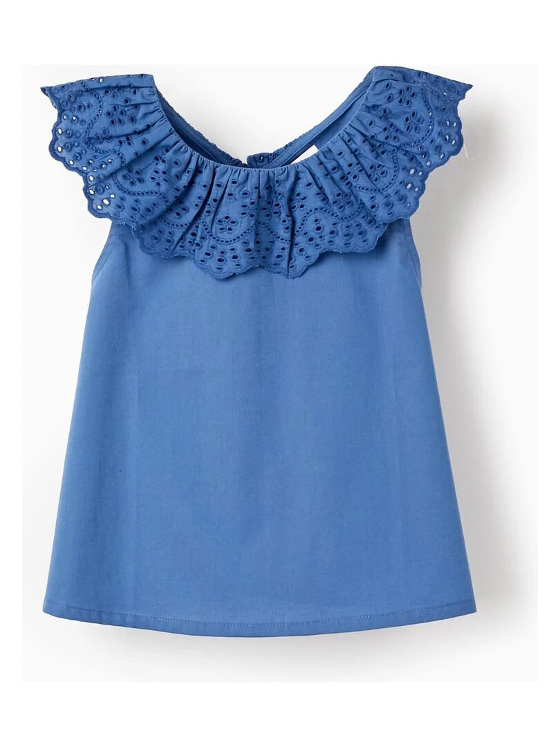 Haut En Coton Avec Broderie Anglaise Pour Fille manches courtes PICASSO Bleu