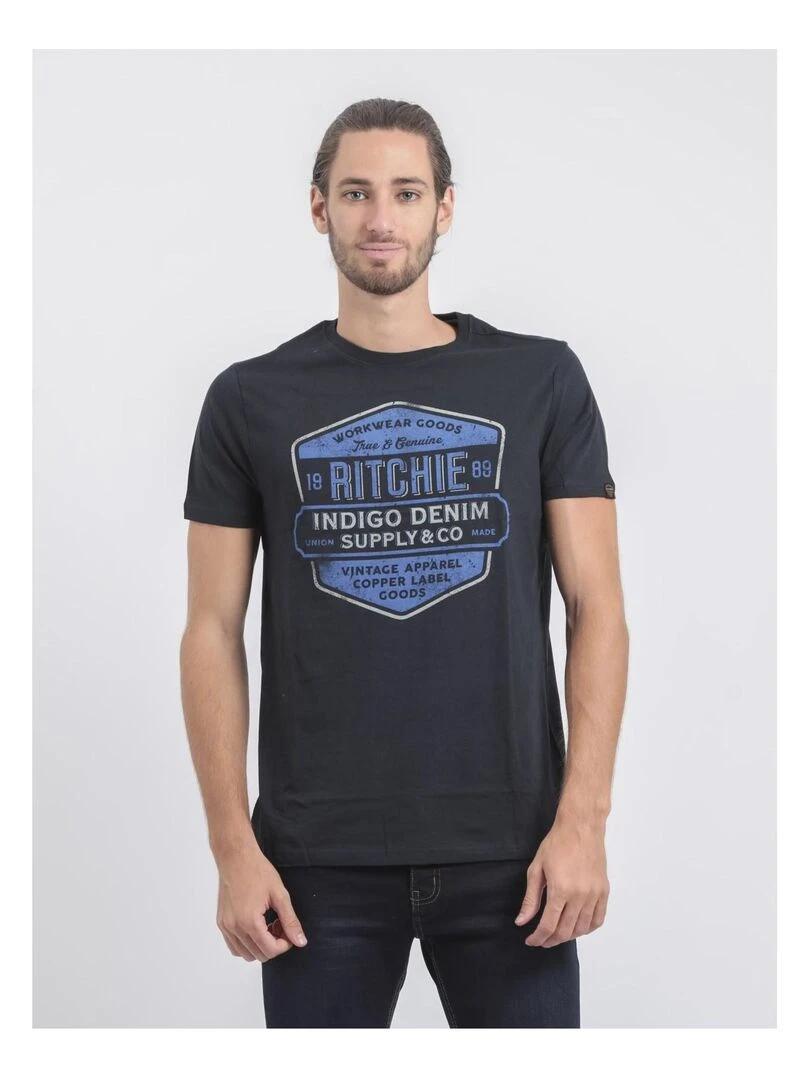 T shirt col rond pur coton JAGNY Bleu marine