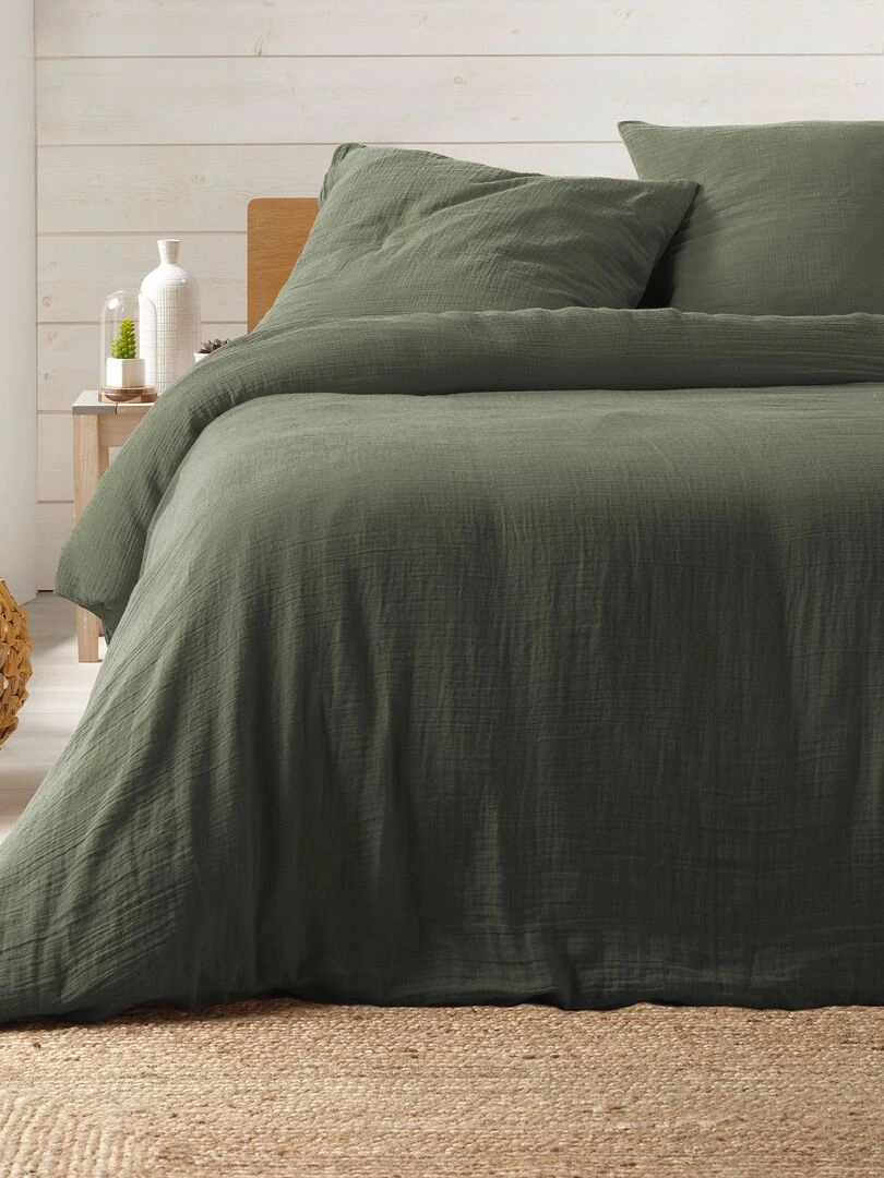 Housse de couette + 2 taies Gaze de coton Collection Couleurs Kaki