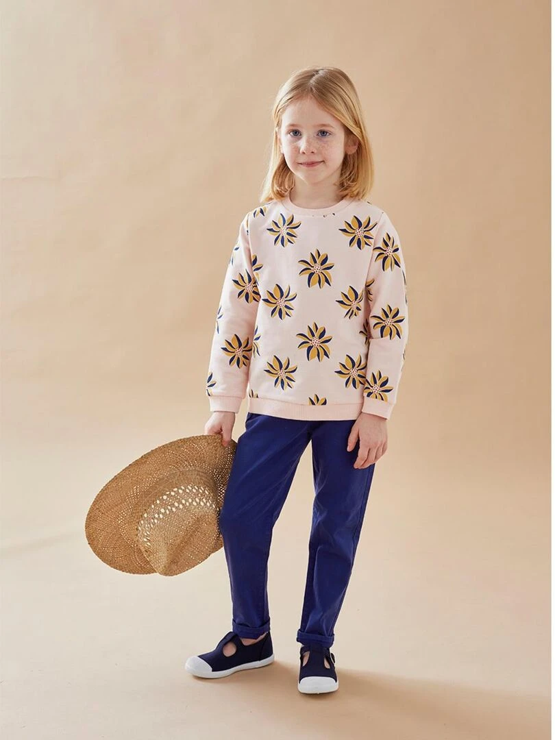 Sweat fleuri en molleton clair Rose