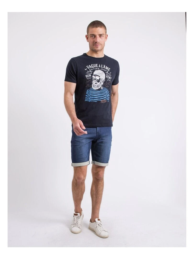 T shirt col rond pur coton NAPLE   Bleu marine