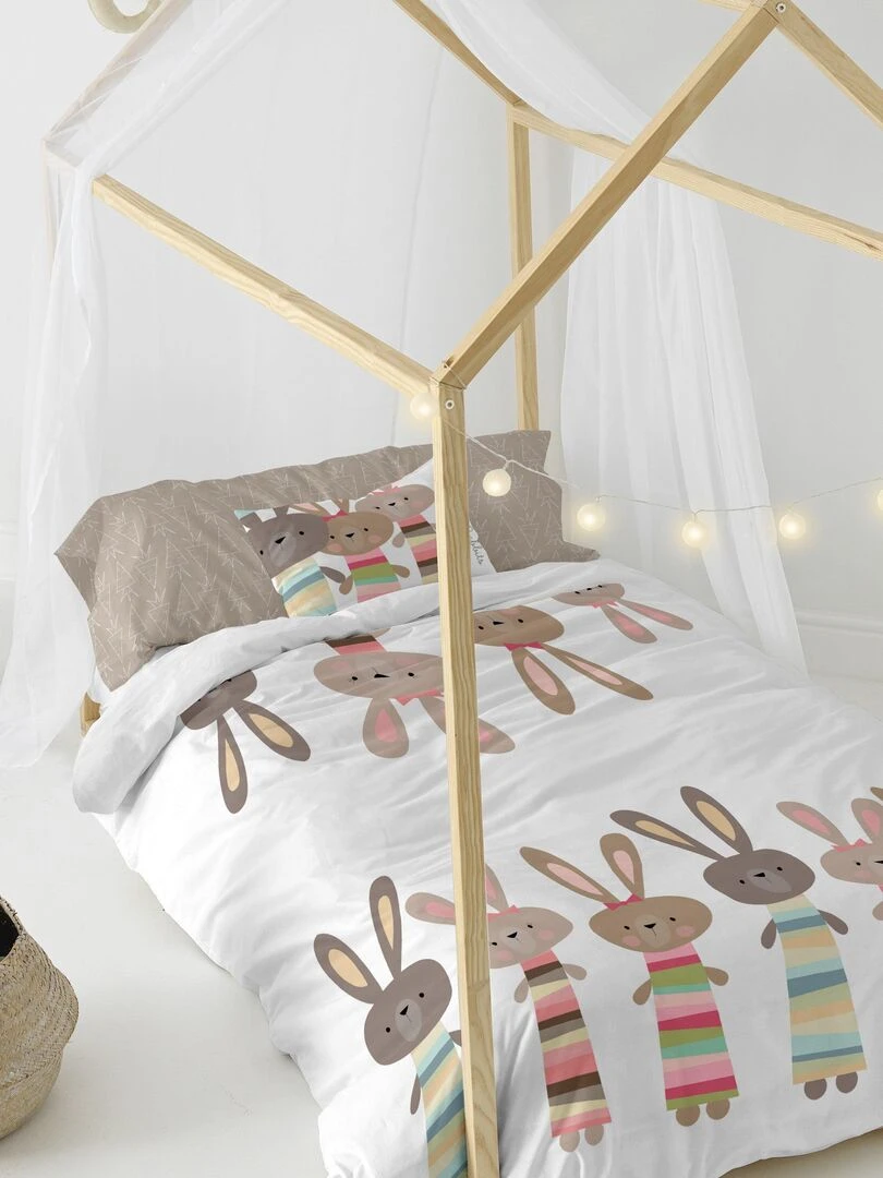 Parure housse de couette 2 pièces Rabbit family "Happyfriday"   Blanc