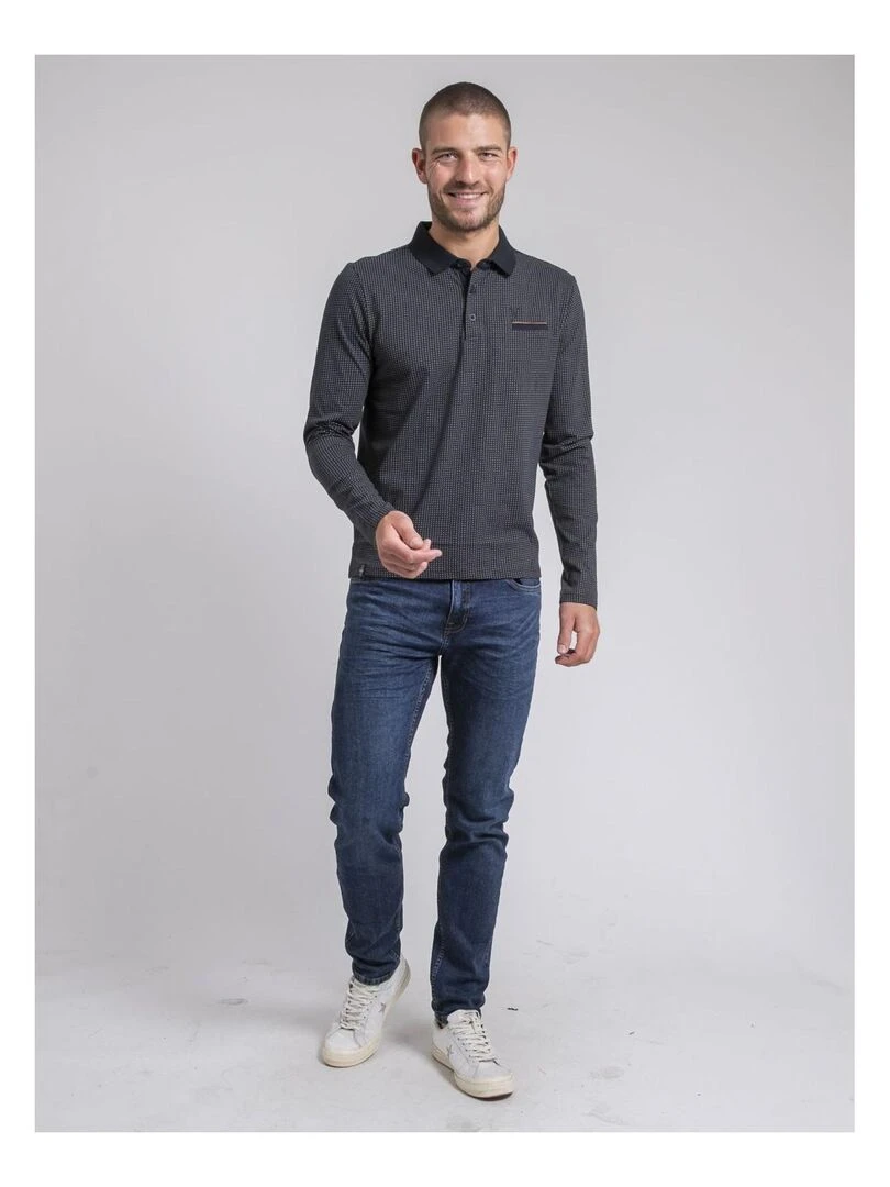Polo manches longues motifs pur coton POXERO   Bleu marine