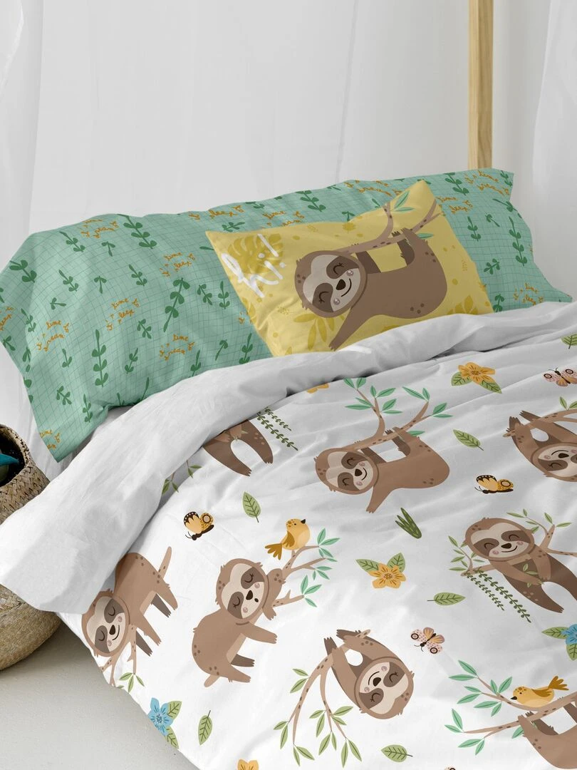 Parure housse de couette 2 pièces Happy sloth "Happyfriday" Blanc