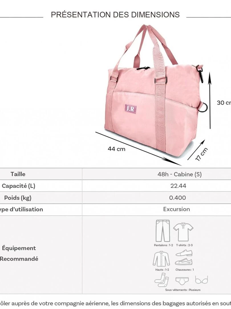 Sac de voyage week end 22L sans roulettes Rose