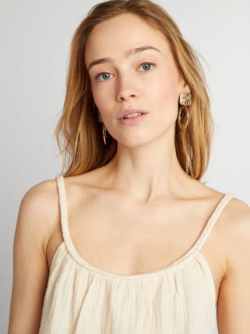 Top en gaze de coton à bretelles tressées   Beige