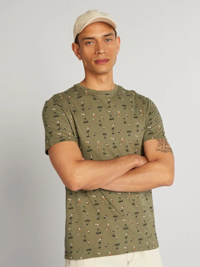T shirt en coton imprimé à col rond Kaki 'surf'