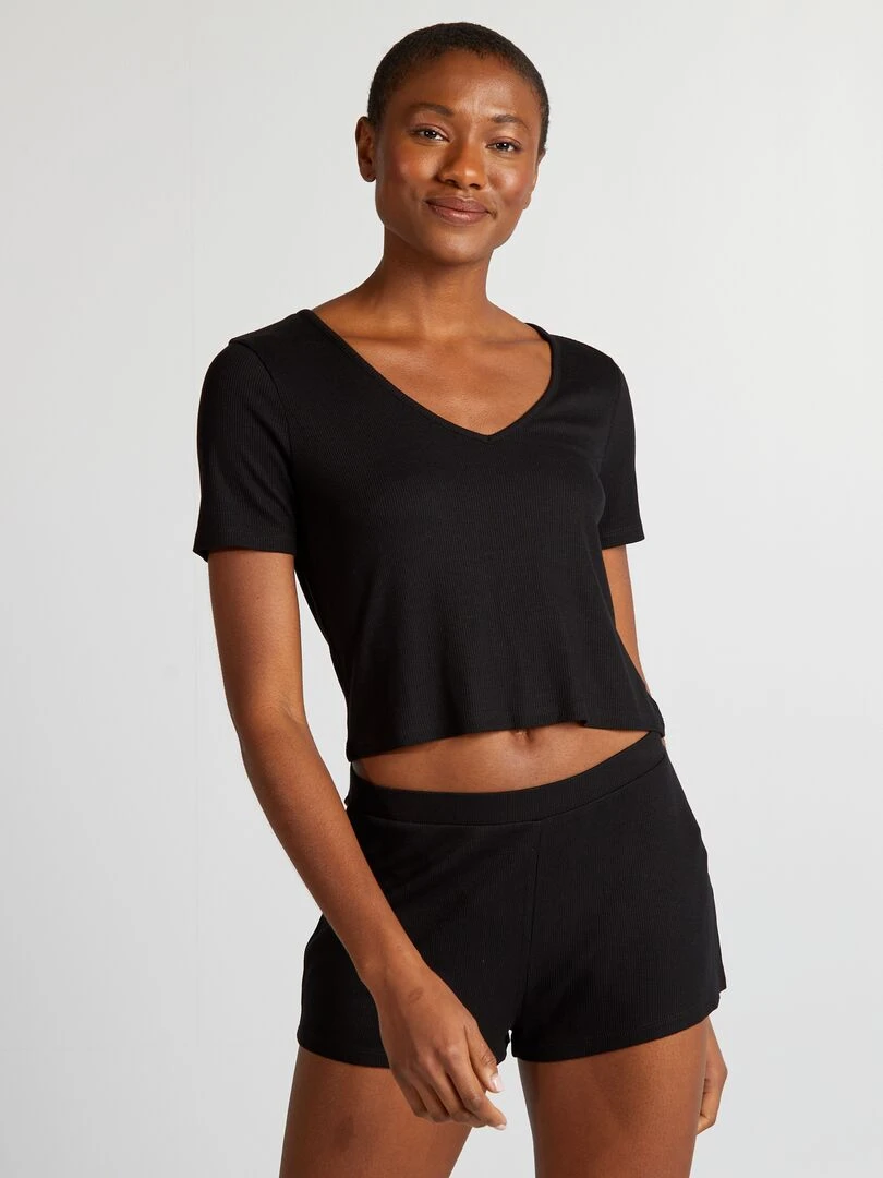 Pyjama short maille côtelée   2 pièces   noir