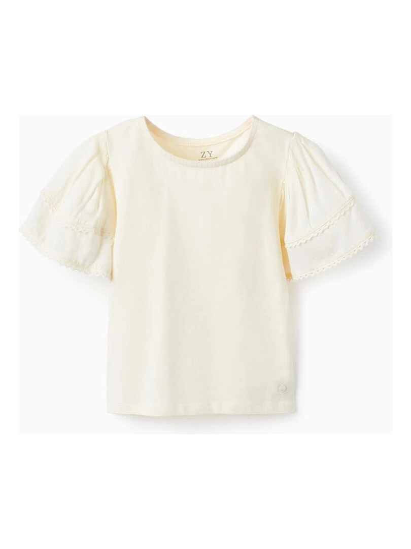 T Shirt En Coton Avec Volants Et Dentelle Pour Fille manches courtes BROTHERS&SISTERS Beige clair