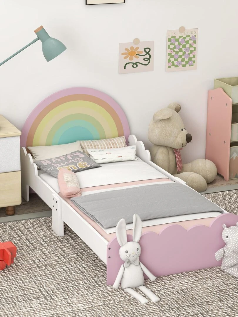 Lit enfant design girly motifs arc en ciel nuages avec sommier à lattes rose blanc Rose