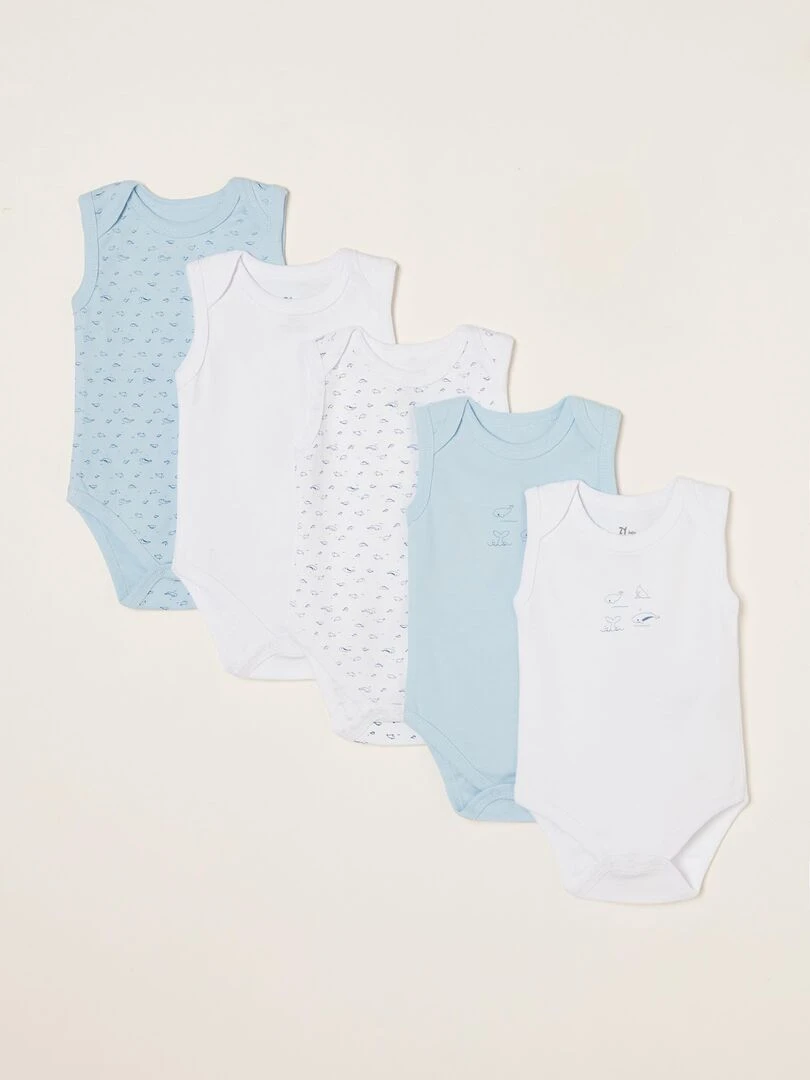 Pack 5 Bodies sans manches pour nouveau né et bébé garçon 'Whales' manches courtes ESSENTIALS LINE Blanc
