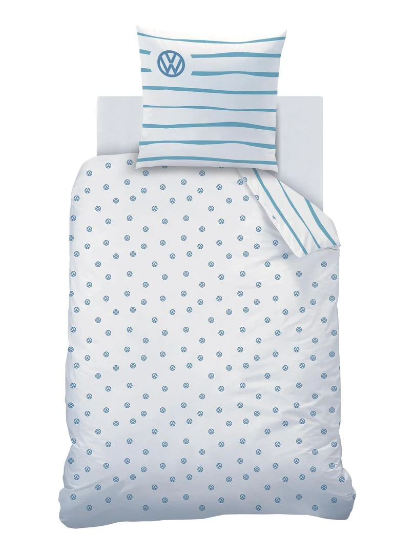 Parure de lit imprimée 100% coton  VOLKSWAGEN VIBES   Blanc Bleu