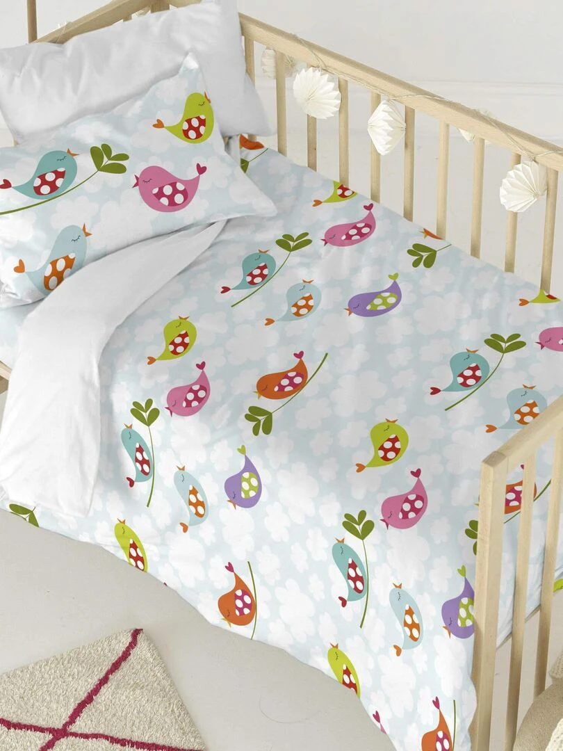 Parure housse de couette 2 pièces Little birds Berceau "Happyfriday" Bleu Rose