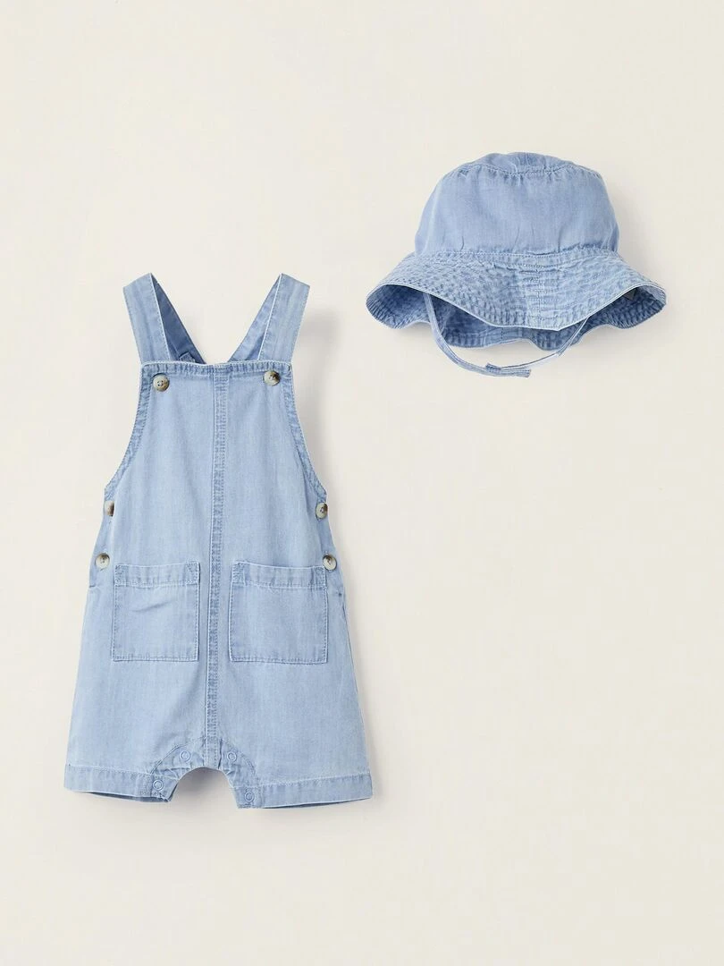 Salopette + Chapeau en Denim pour Nouveau Né ATLANTIC COMPANY Bleu clair