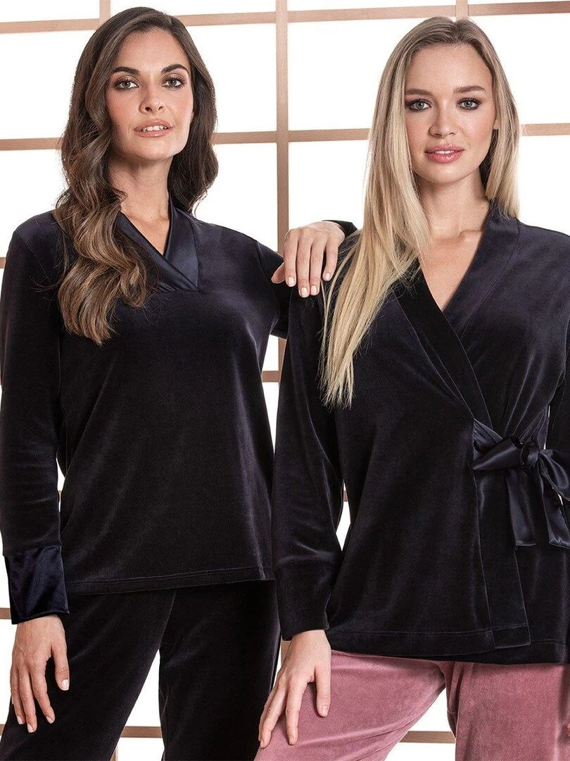 Kimono court velours à ceinture satinée Keina   Bleu