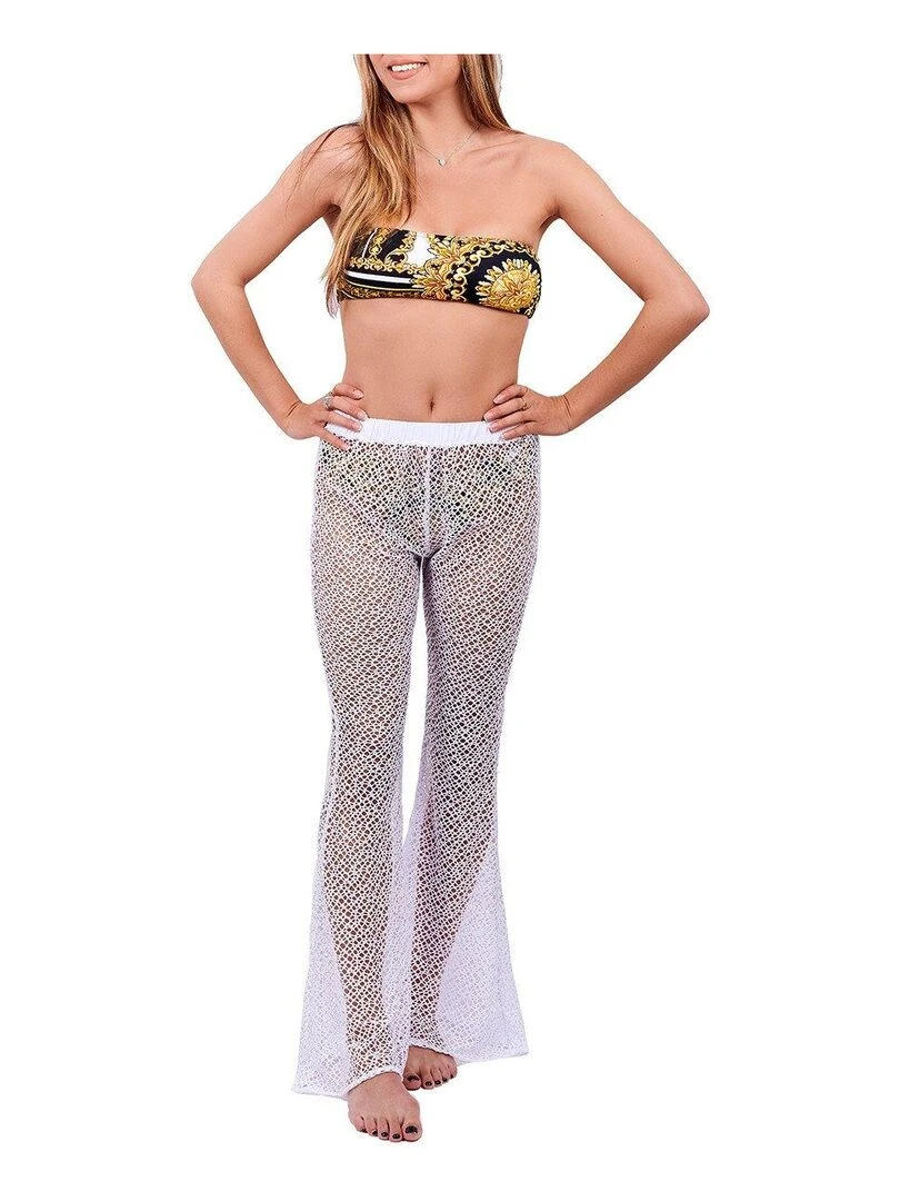 Pantalon de plage maille crochet pailletée Diadème Blanc