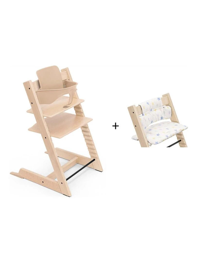 Chaise haute Tripp Trapp naturel coussin Etoile multicolor et babyset Marron