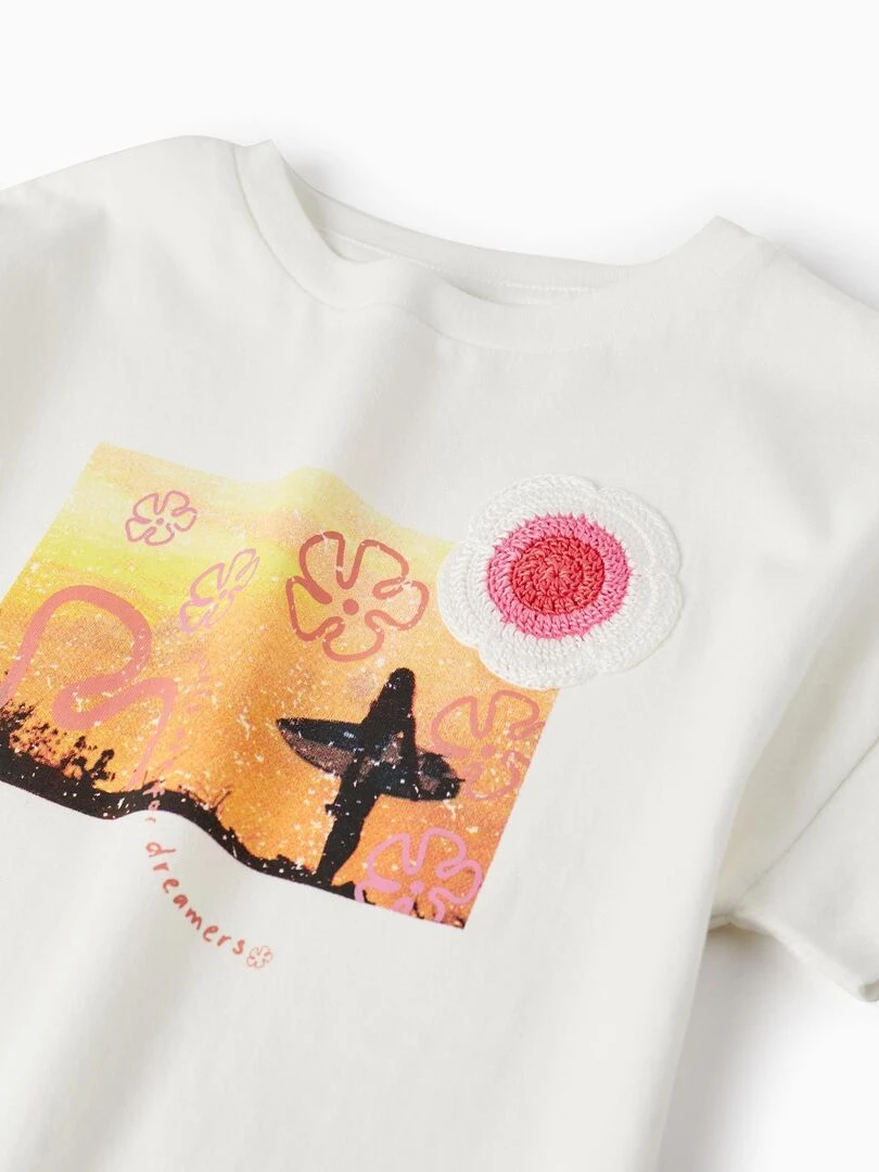 T shirt à manches courtes avec broderies pour fille manches courtes THE WAVE TRIBE   Beige clair
