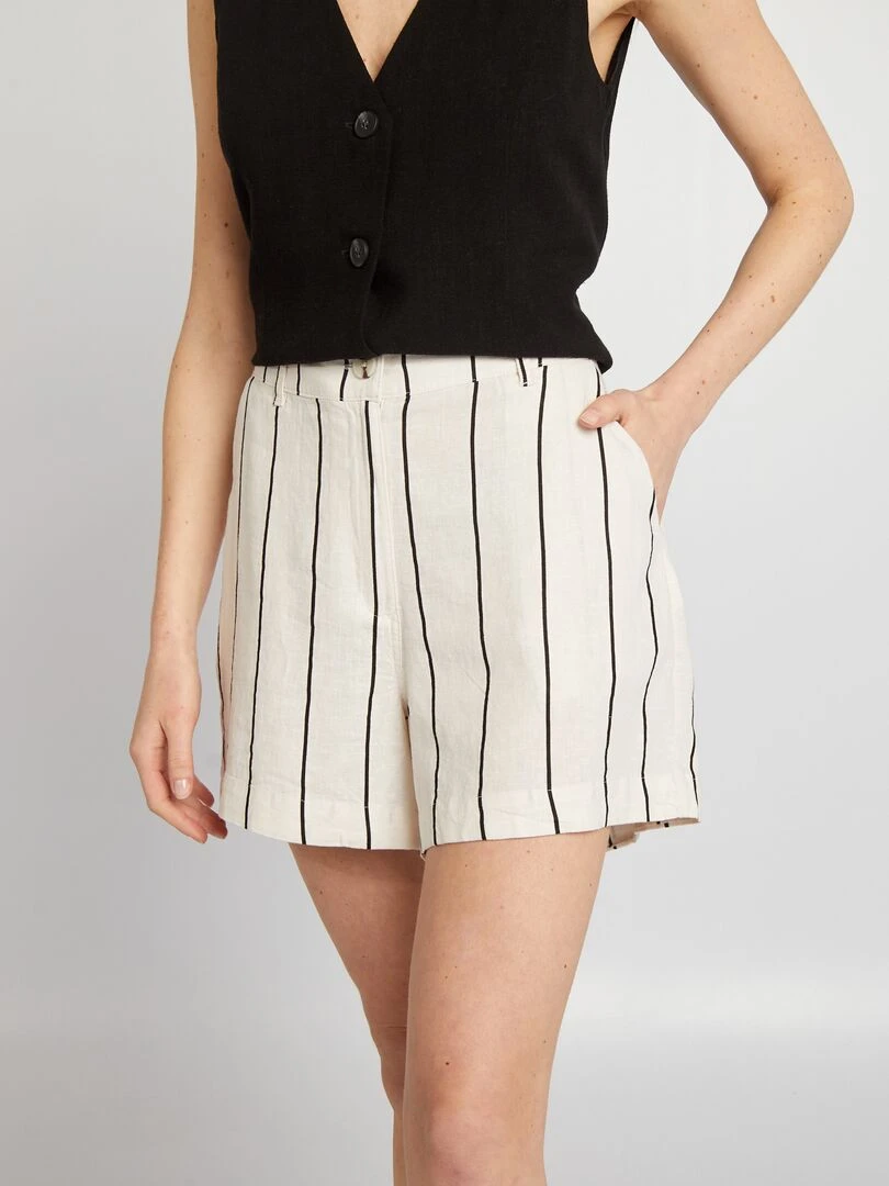 Short rayé en lin mélangé Beige