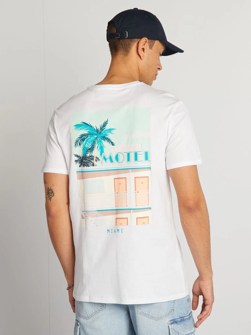 T shirt en coton imprimé à col rond Blanc 'motel'