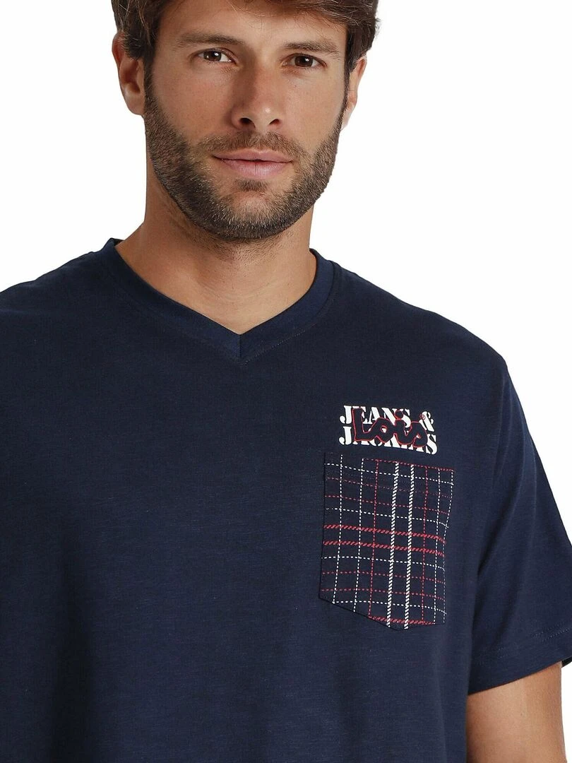 Pyjama short t shirt col V JAndJ Lois   Bleu marine