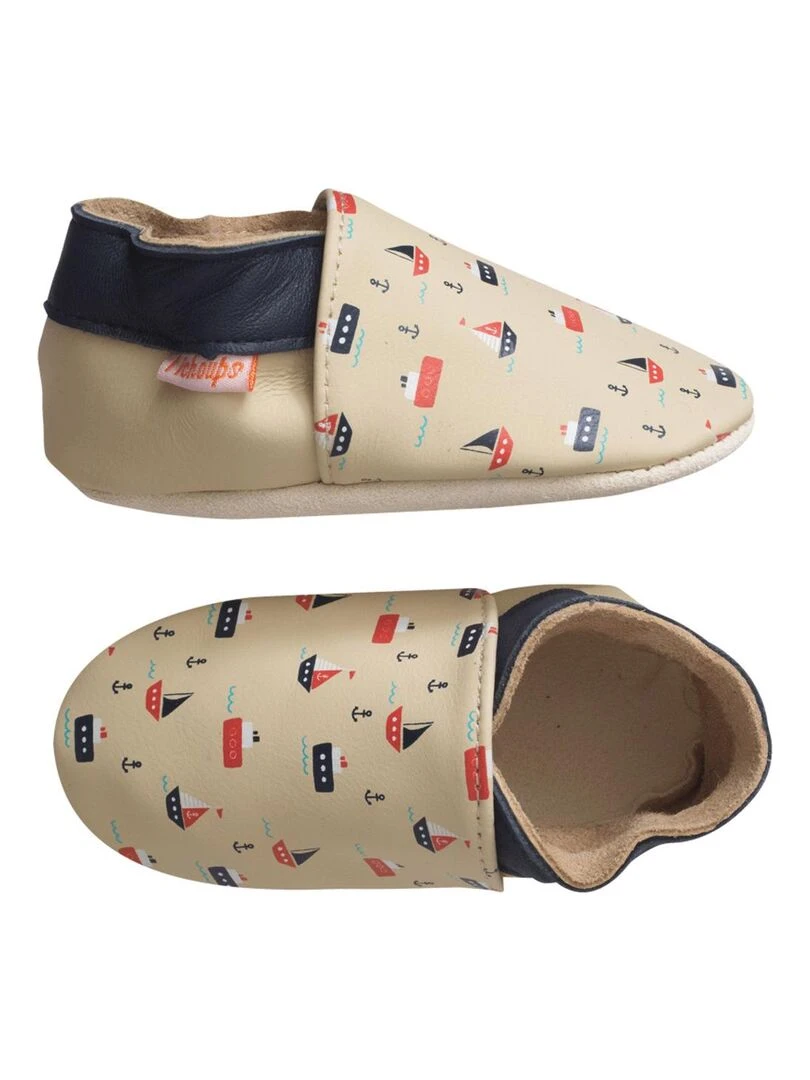 Chaussons bébé cuir souple Baptiste les bateaux Beige
