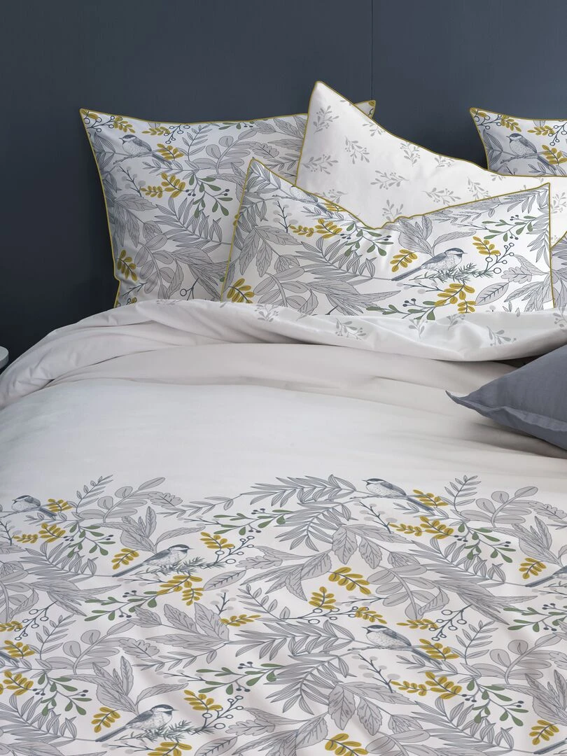 Parure de lit 'fleurie' 2 personnes gris/jaune