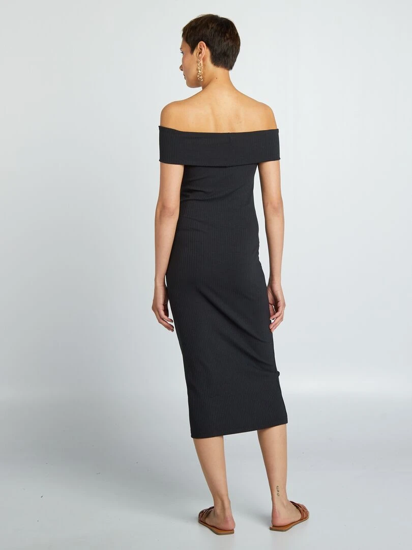 Robe moulante en maille côtelée et col bardot   noir