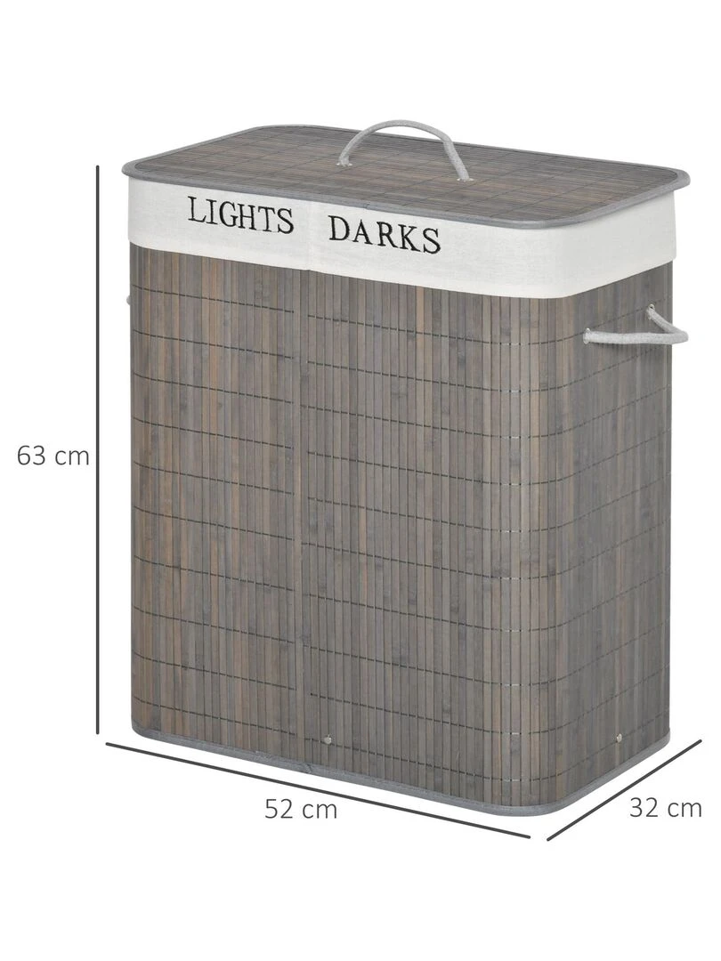 Panier à linge 2 bacs bambou sac amovible en toile gris   Gris